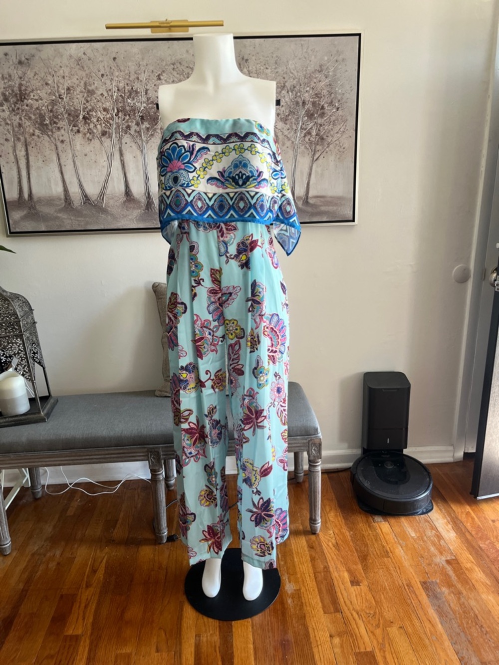 Zara Strapless Floral Jumpsuit in Light Blue, Purple & Pink Small